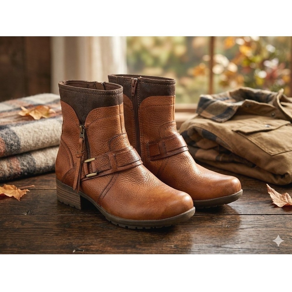 Clarks Riddle Avant Leather Ankle Boots Size 7 Tan Brown Moto Boho Side Zip